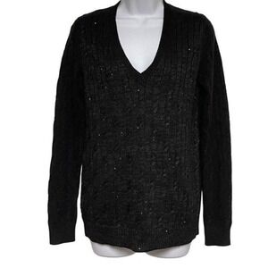 Ann Taylor LOFT V-Neck Sweater Sparkle Knit Pullover Long Sleeve Black Women's S